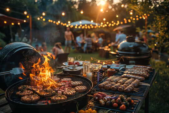 Patriotic BBQ party, friends and family, grilling, backyard celebration