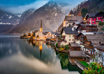 austria dream town hallstatt sunset and night photos