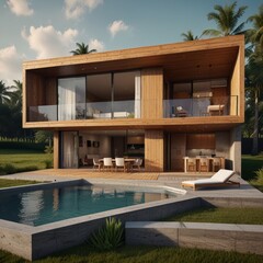 Modern home cross section, 3d rendering minimalist