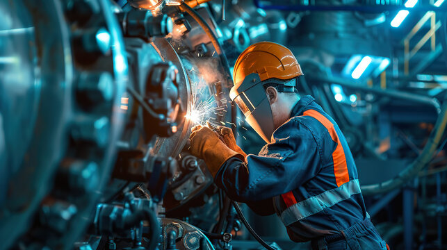Industrial Boilermaker Wearing Hard Hat and Protective Gear Welding Metal Machinery