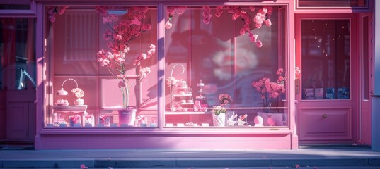 a toy store window, viewed from the street, pink theme