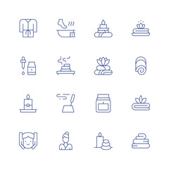 Spa line icon set on transparent background with editable stroke. Containing candle, dropper, facialmassage, hotstones, incense, masseuse, scentedcandle, spa.