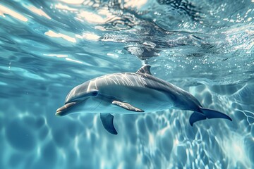Obraz premium Dolphin swimming underwater with sunlight reflections. Close-up of a dolphin in clear blue water. Marine life and ocean exploration concept for design and print