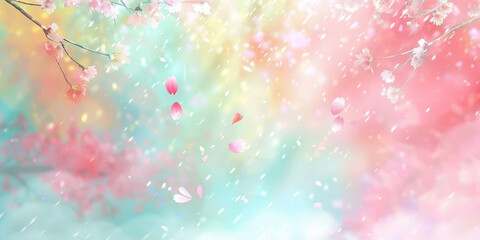 Cute pastel pink and baby blue gradient background with flying cherry blossom petals, Delicate cherry blossoms with pastel background in soft focus creating a dreamy and serene floral scene
