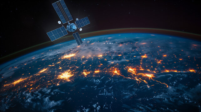 GPS satellite orbiting around the globe. Space exploration technology.