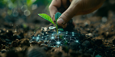 An abstract giving hand with young plants planted in soil Blue geometric background Wireframe light connection structure Modern 
