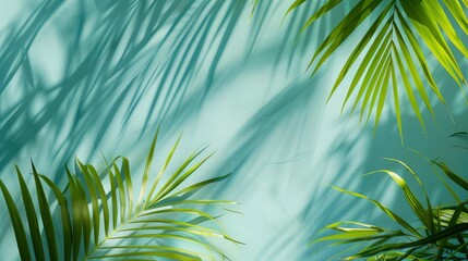 Blurred shadow from palm leaves on the light blue wall. Minimal abstract background for product presentation. Spring and summer - generative ai