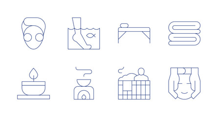 Spa icons. Editable stroke. Containing candle, cucumber, facialmassage, fishtherapy, incenseburner, sauna, spabed, towels.