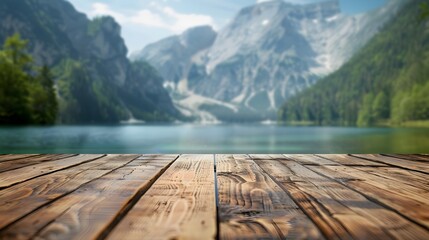 Empty wooden table with blurred mountain lake background. Scenic outdoor setting with clear water and blue sky. Nature and tranquility concept for design and print. - Powered by Adobe