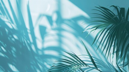 Blurred shadow from palm leaves on the light blue wall. Minimal abstract background for product presentation. Spring and summer - generative ai