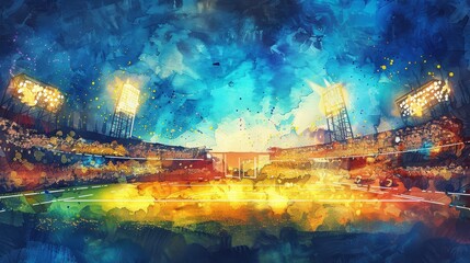 Colorful Stadium Illustration in Watercolor Style - A vivid and energetic watercolor painting capturing the excitement of a stadium filled with spectators and bright lights