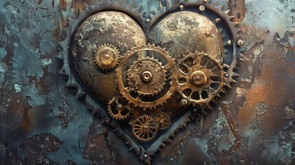 Fototapeta premium Steampunk heart with rustic gears and patina - A beautifully crafted heart featuring steampunk-style gears and a rustic patina, symbolizing love and the passage of time