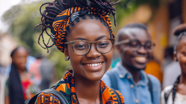 A cheerful African student with glasses and a vibrant headwrap smiles confidently outdoors, concept of hope and a bright future