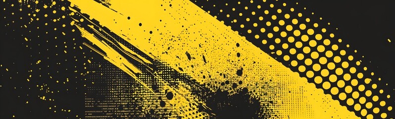 Retro vintage background with halftone overlay and grunge frame. Yellow and black banner with grunge smears.