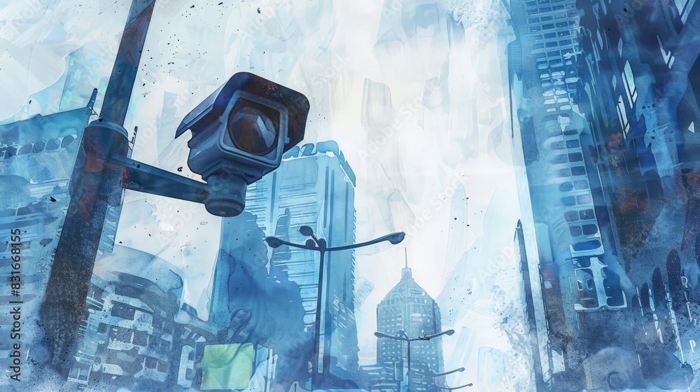 Poster Watercolor illustration of a city with multiple security cameras. Ensuring public safety through advanced monitoring systems.