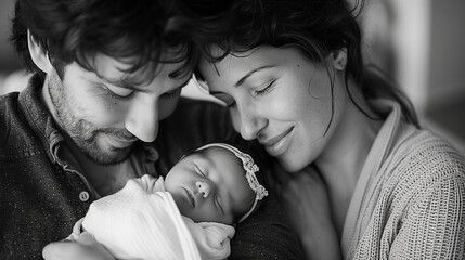 Newborn baby arrival. Portrait of happy parents holding their precious. Black and white.