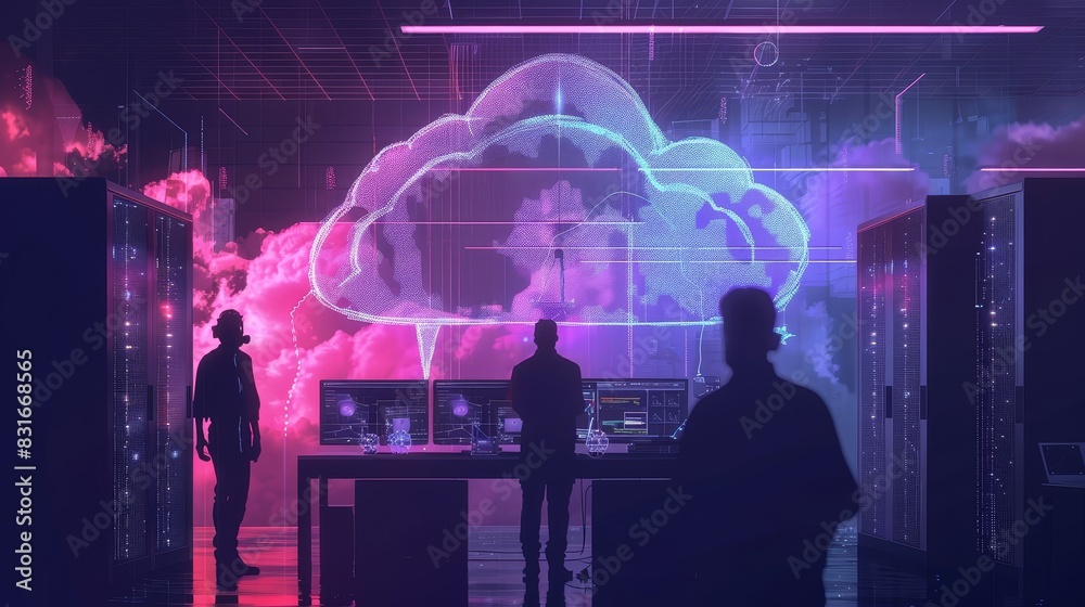 Poster neon cloud hologram in data center - a neon cloud hologram dominates a data center with people in fr
