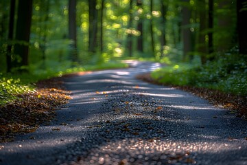 Sunlit forest path with fallen leaves. Shaded road winding through green woods. Nature and tranquility concept for design and print.