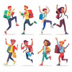 Set of Happy Students Characters Jumping with Backpacks and Textbooks. Schoolboys or Schoolgirls Laughing, Waving Hands Greeting New Educational Year, Back to School