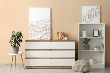 Houseplant, pictures, shelving unit and chest of drawers near beige wall in stylish room