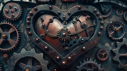 Steampunk copper heart among gears - A steampunk-inspired heart with a copper finish surrounded by gears and mechanisms, creating a vintage industrial vibe