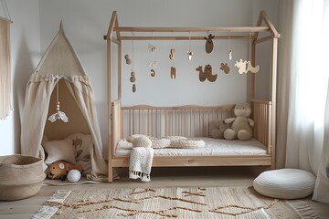 Scandinavian kid's room with a light wood bed frame, a woven rug with playful animal shapes, and a mobile with hanging wooden toys.