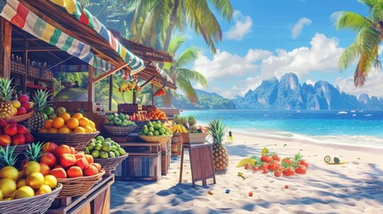 Tropical beach fruit market illustration - A vibrant illustration of a tropical fruit market on a sunny beach with mountains