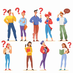 Set of People Thinking Serious Tasks, Searching Information, Male and Female Characters with Exclamation and Question Marks. Students and Businesspeople Mental Research. Cartoon Vector