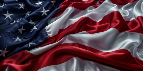 Obraz premium Close-up of American flag with detailed fabric texture and folds showcasing patriotic symbol with rich colors and intricate design 