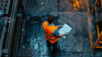 Obraz premium A top view of a man standing while make a checklist at a warehouse