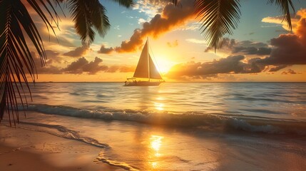 Tropical Beach at Sunset with Island
