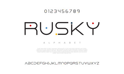 Rusky creative geometric modern urban alphabet font. Digital abstract futuristic, fashion, sport, minimal technology typography. Simple numeric vector illustration