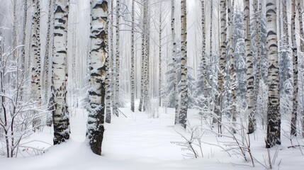 Obraz premium Forest of Birch and Pine covered in fresh white snow on a wintry day