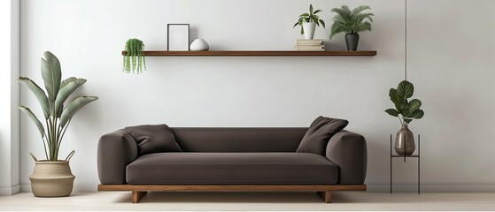 Home living room interior with wooden shelves on the wall and dark brown sofa