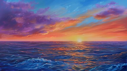 Obraz premium Sunset and Sunrise: Ocean scenes bathed in the vibrant colors of dawn or dusk, often with surreal elements. 