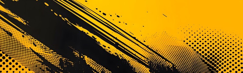 Retro vintage background with halftone overlay and grunge frame. Yellow and black banner with grunge smears.