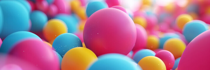 Colorfull background with colorful spheres, balloons and pink blue yellow color.Colorful floating spheres with glossy surface and vibrant background showcasing playful and dynamic abstract design
