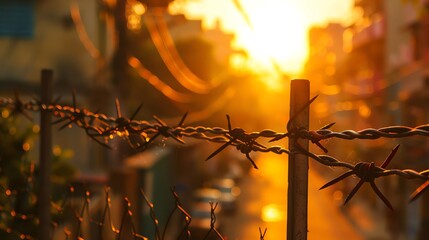 Rustic barbed wire fence on the street with a blurred background in the golden hour light. Aesthetics of urban life in an Indian city at sunset.  - Powered by Adobe