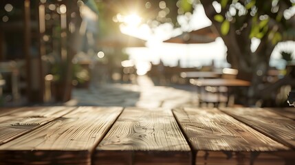 A wooden table bathed in sunlight, with beach cafes softly blurred in the background, creating a tranquil scene.