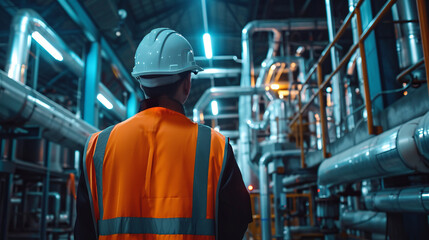 Fototapeta premium Heavy Industry Engineer Stands in Pipe Manufacturing Factory. Facility for Construction of Oil, Gas and Fuel Pipeline Transportation Products.