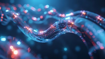 Fiber optic cable with data transfer concept on a blue background, fiber optics technology for fast internet connections and communication.