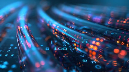 Fiber optic cable depicting data transfer and speed on a blue background. A digital composition showing fiber oak in the style of telecommunication technology and internet connection. 