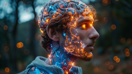 The thought system of the brain, memory, learning, and behavior of the human body. Artificial Intelligence brain with neon brain style of a man.