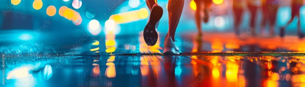 Wall mural abstract image of a runner on a wet street at night with colorful bokeh lights in the background, de