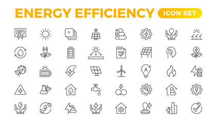 Energy efficiency icon set. Calculator, energy-saving light bulb, piggy bank, solar panel, circular economy, battery, home insulation, energy class vector illustration