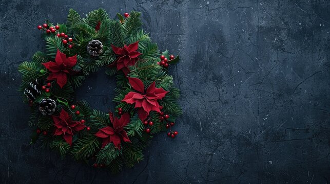 Holiday wreath displayed on dark cement surface