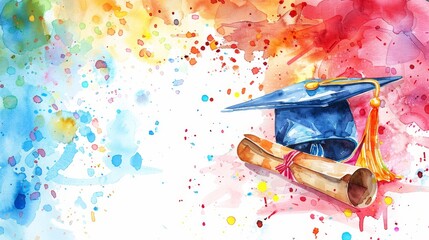Abstract watercolor of graduation cap and diploma - Abstract image of a graduation cap and diploma on a multicolored watercolor background, symbolizing academic achievement
