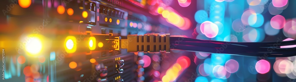 Wall mural closeup of an internet cable being plugged into the back end of a network switch, with a computer ro