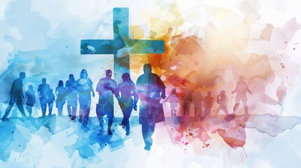 Abstract watercolor medical cross and people - An artistic interpretation of health and community with silhouettes set against a vibrant watercolor backdrop featuring a medical cross