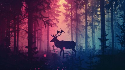 Majestic deer stands in an enchanting twilight forest with vibrant pink and blue hues, evoking a magical and ethereal atmosphere.